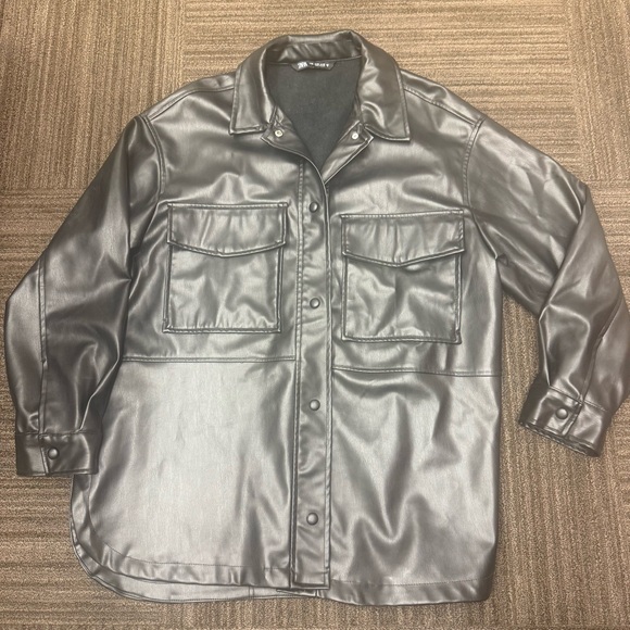 Zara Black Leather Jacket Oversized Shacket With Front Pockets Collared Buttons - Picture 2 of 14